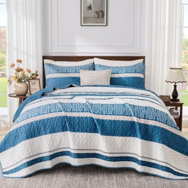 DJY Quilt Set Queen Size Blue Striped Boho Bedspread Coverlet Set, 3 Pieces Striped Patchwork Bedding Set Soft Microfiber Lightweight Bed Cover for All Season(Blue, 96''x90'')