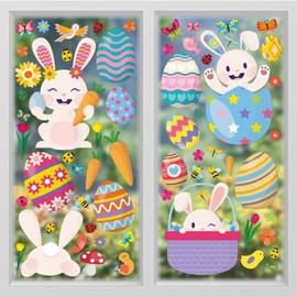 WALPLUS 150 Pcs Happy Bunnies Easter Glass Window Clings Wall Decals Stickers Egg Hunt Easter Decoration Party Wall Decals Ornaments Holiday Home Office Decor