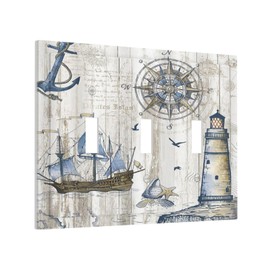 Xuejiaku Light Switch Cover Rustic Nautical Anchor Sailboat Compass Lighthouse Wood 3 Gang Wall Plate Triple Light Switch Plate Toggle Decorative Outlet Covers Electrical Switchplate for wall Decor