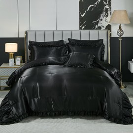 Herside Satin Black Ruffle Comforter Set with Sheet Set King Size,8 Pieces Ruched Pleated Comforter Silk Like Satin Bedding Set,Soft Smooth Luxury Silky Quilt Set with 1 Cushion Cover All Season