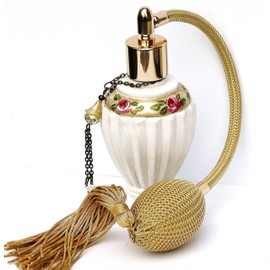 White and Gold Elegant Vintage Style Glass Spray Perfume Bottle Atomizer with Bulb Spray and Painted Pink Roses Victorian Decor