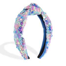 VOCOSTE Sequin Headband for Women, Rainbow Knotted Hair Bands Accessories, Sparkly Girls Headbands, Cute Sequined Hairbands, Blue