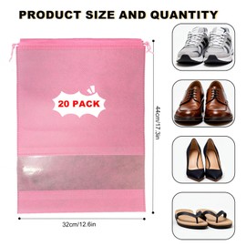 MEOTAKILE 20 Pack Shoe Bags for Travel, 17" x 12.6" Drawstring Shoe Organizers with Clear Window, Breathable Non-Woven Dustproof Pouches for Luggage & Closet (Pink)