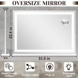 ROLOVE 31" x 22" Large Lighted Vanity Mirror with Lights, Dimmable 3 Modes, LED Makeup Mirror for Bathroom ＆ Dressing Room, Tabletop or Wall-Mounted, 10X Magnification, White