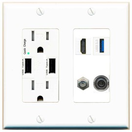 RiteAV HDMI and Coax USB3 + 3.5mm Jack Wall Plate - USB Outlet [White]