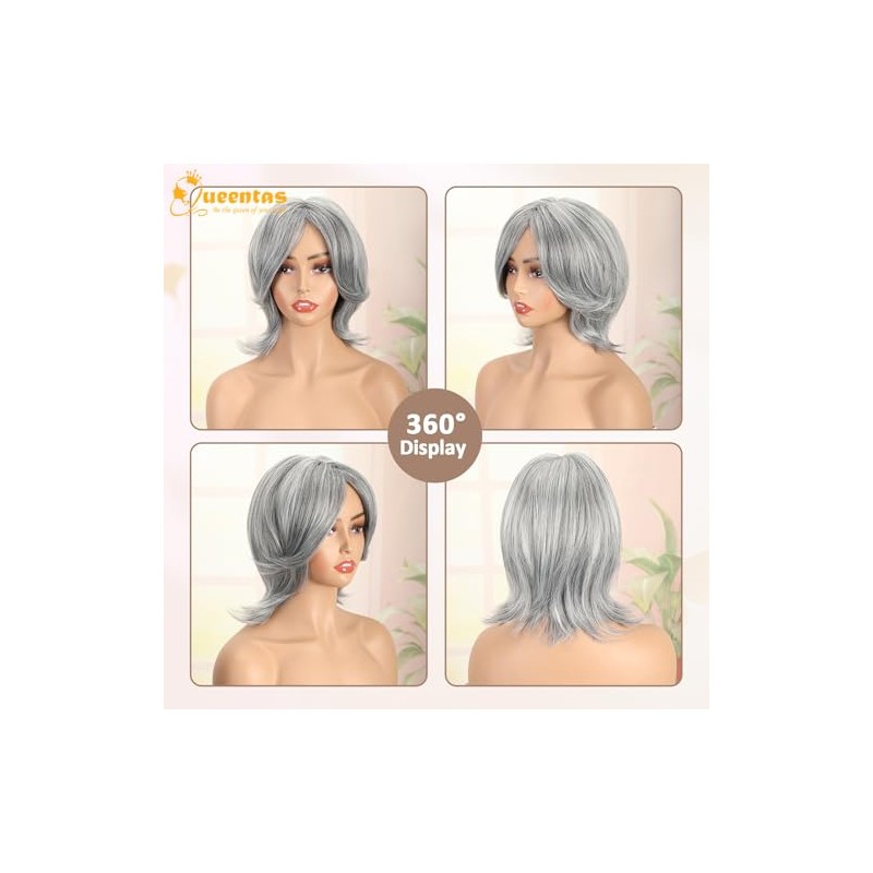 QUEENTAS Peluca Gris De 30 Cm Para Mujer, Color Gris