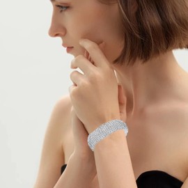 RAUCHBE Sparkly Silver Rhinestone Bracelet for Women Chunky Bangle Bracelets Wedding Jewelry Wide 15 MM