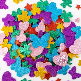 MAQIHAN 339 Pcs Glitter Foam Stickers - Self Adhesive Shapes for Crafts,Scrapbooking,Valentine's Day & Christmas DIY Cards,Home Decoration Supplies (Stars,Hearts,Butterflies,Clovers)