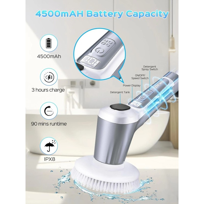LOVEWE Electric Spin Scrubber, 4500mAh Cordless Cleaning Brush with Spray