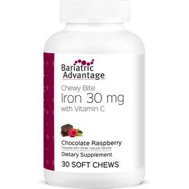 Bariatric Advantage Iron 30 mg Chewy Bite with Vitamin C - for Bariatric Patients - Sugar-Free - Chocolate Raspberry - 30 Count
