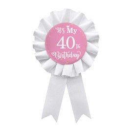 It's My 40th Birthday Badge Button Pin, Happy 40th Birthday Girls White Corsage Award Ribbon Party Decorations Supplies - Pink Pattern