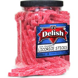 Sweet & Sour Strawberry Licorice Sticks by Its Delish, 2.5 LBS (40 Oz) Jumbo Container Jar – Chewy Red Strawberry Lightly Sour Candy Twists – Great Gifts Party Sweets – Made in USA, Vegan, Kosher