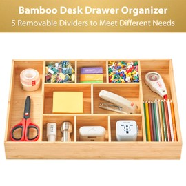 Umilife Extra Large Bamboo Desk Drawer Organizer, Wood Junk Organizer Tray with Adjustable Dividers, Anti-Skip Storage Organization in Office Bathroom Drawer for Vanity, Makeup, 17" x 12"