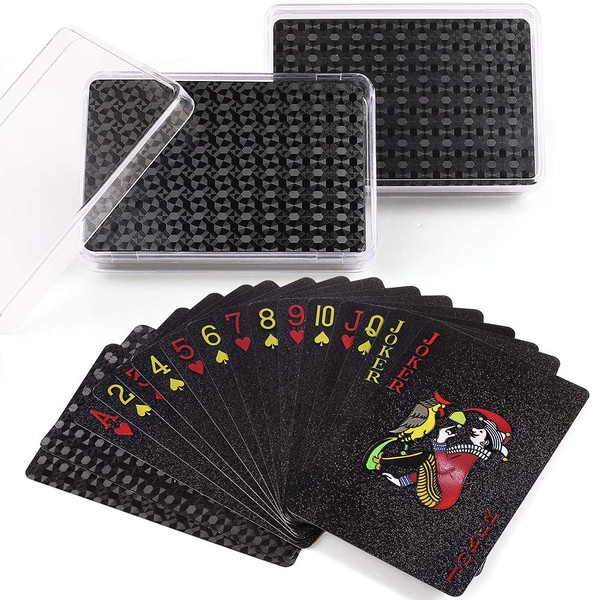 LotFancy Waterproof Plastic Playing Cards, Black - 2 Decks Cool Poker Cards in Plastic Case, Bridge Size Standard Index, for Magic Tricks Pool Beach Card Games