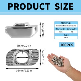 Pack of 100 M6 T-Slot Nuts for Slot 8 Aluminium Profile 30 x 30, T-slot Nut Made of Carbon Steel, Nickel-Plated, Accessories for Aluminium Profiles, for DIY Projects and Industrials