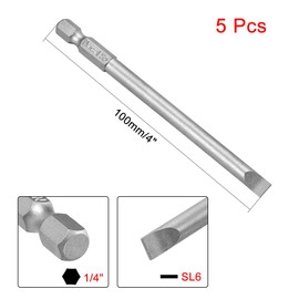 sourcing map 5 Pcs 6mm Slotted Tip Magnetic Flat Head Screwdriver Bits, 1/4 Inch Hex Shank 4-inch Length S2 Power Tool