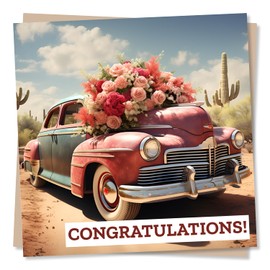 Just Married Congratulations Card - Car With Wedding Flowers - Marriage Celebrations - Made in UK