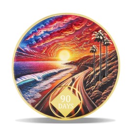 90 Days Sunset Coastal Road Sobriety Coin – Journey into Serenity NA Medallion – Spiritual Token for Recovery & Clean Time – Empowering NA AA Chips – Gift for Men & Women