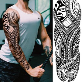 Totem Fake Tattoos Sleeve For Men Women, Full Arm Tribal Polynesian Temporary Tattoo Sleeves Adult, Large Black Hawaiian Viking Dragon Temp Tatoo Sticker Leg Body Art Makeup, 8-Sheet