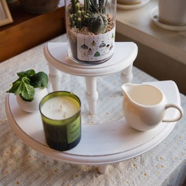 Defined Deco 2 Tier Large Halfmoon Risers Display, 3.5 Inch Width Rustic White Washed Cupcake Display, Semicircle Dessert Organizer Risers for Home Decoration and Wedding, Bathroom Vanity Storage