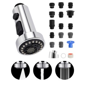Hibbent Kitchen Faucet Head Replacement, Pull Down Sink Faucet Sprayer Nozzle with 3 Functions, 15 Adapters, Compatible with Moen, American Standard, Delta, Kohler (with Multi Adapters, Chrome)