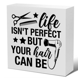 Hairstylist Gifts Life Isn't Perfect But Your Hair Can Be Wood Sign Farmhouse Hairdresser Signs Home Hair Salon Beauty Shop Barbershop Decor for Desk Table Shelf Tabletop, 5 x 5 Inches