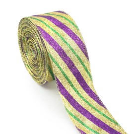 Mardi Gras Fabric Ribbons 10 Yards Gold Purple Glitter Strips Burlap Ribbon for Mardi Gras Carnival Hanging Decor Gift Wrapping Party Decoration Outdoor Crafts Supplies (2.5 Inch * 10 Yards * 1 Roll)
