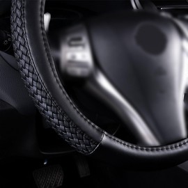 Flying Banner Flying Banner car Steering Wheel Cover Faux Leather Massage Universal fit 3D Faux Leather Woven Anti-Slip Sporty 15 Inches (Sliod Black Woven)