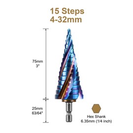 SALI M35 HSS Step Drill Bit 4-32 mm Four Spiral Flute Cobalt Step Drill 1/4" Hex Shank Quick Change Design High Speed Steel Step Drill Bit for Metal, Stainless Steel, Aluminum, Wood, Plastic