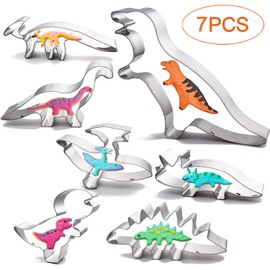 Large Dinosaur Cookie Cutter Set 7 Piece T-Rex, Stegosaurus, Parasaurolophus, Triceratops, Baby Dinosaur, Pterodactyl,Brontosaurus, Birthday Party Stainless Steel