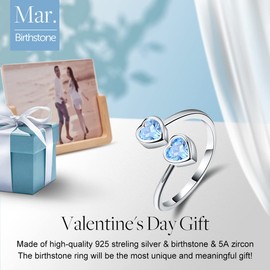 Esberry ✦Gifts for Christmas✦ 18K Gold Plating 925 Sterling Silver Birthstone Rings Heart Shape Cubic Zirconia Rings Double Gemstone Adjustable Rings for Women (March-Aquamarine)