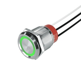 HBAN 22mm Momentary Stainless Steel Flat Round Pre-Wired Head Push Button Switch 10A 2 Normally Open with Ring Led 12V 24V 1PCS (Momentary, Green)