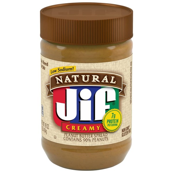 Jif, Natural Low Sodium Creamy Peanut Butter Spread, 16oz Jar (Pack of 6)