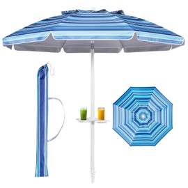 Aoxun Beach Umbrella with Tilt Pole, Portable Sand Anchor and Carry Bag, UPF 50+ Sun Shelter Air Vents Design for Outdoor Activities (Navy Blue & White), 6.5ft