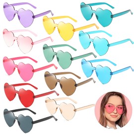 Pack of 12 Party Glasses, Magic Colours Party Glasses, Hippie Glasses, Rimless Sunglasses in Heart Shape, Round Heart Sunglasses, Funny Party Glasses, for Carnival Photo Props Birthday Party