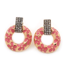25mm Tall/Pink Enamel Floral Pattern Circle Drop Earrings in Gold Tone