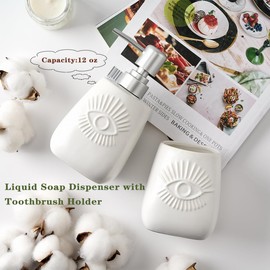 GIRLUFO White Bathroom Accessory Set of 2-Toothbrush Holder and Ceramic Soap Dispenser Bathroom Set-Cute Bathroom Decor Sets-Makeup Brush Holder-Home Essentials for New Apartment