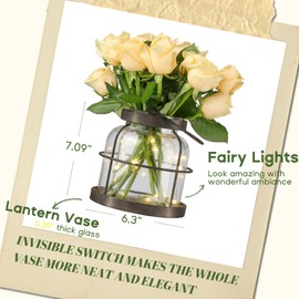 Aurabee Vintage Farmhouse Lantern Decor with Hidden Switch Lid, LED Lighted Rustic Glass Vase for Floral Arrangements, Farmhouse Table Centerpiece Vintage Farmhouse Flower Vase-Metal Cage
