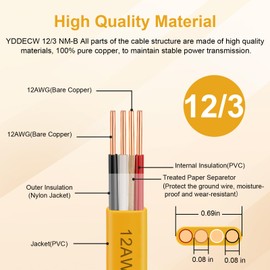 YDDECW 12/3 NM-B Wire with Ground - 25FT Non-Metallic Sheathed Cable Pure Copper 12 AWG 3 Conductor Residential Indoor Wire for Outlets, Switches and Other Loads etc. (Yellow)