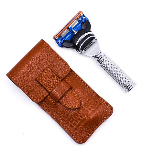 Parker 5 Blade Gillette Fusion Compatible Travel Razor with Luxurious Saddle Leather Case