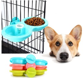 Dual Cage Hanging Bowl, Pet Puppy Cat Food Water Double Bowls, Automatical Water Bottle Bowl for Bird Rabbit Small Animal and Pets (Pink)