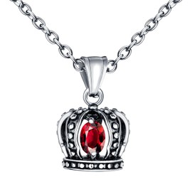 INFINIONLY Mens Womens Stainless Steel Crown Necklace Pendant: Fashion Crown Pendant with Red Zirconia for Teenager - Creative Necklaces with 55cm Chain - Novelty Jewellery