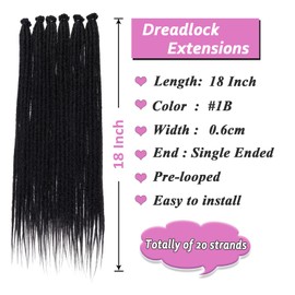 Samtress 18 Inch Dreadlock Extensions 20 Strands Naturel Black SE Hippie Dreadlock 0.6 cm Width Loc Extensions Handmade Reggae Style Crochet Braiding Hair Synthetic (#1B)