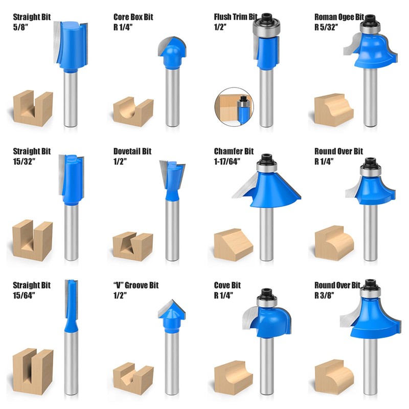 Router Bits Set 1/4" Inch Shank Tungsten Carbide Router Bits