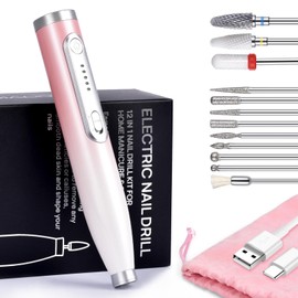 TsMADDTs Cordless Electric Nail Drill, Portable Efile Nail Drill E File for Acrylic with 12 Nail Drill Bits,Pink