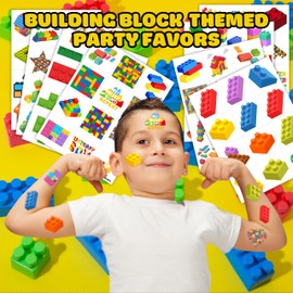 96PCS Building Block Pre-Cut Temporary Tattoos - Cute Party Favors for Kids, Boys & Girls | Birthday Party Supplies, Decorations, Stickers, Gifts, Classroom & School Prizes (Normal)