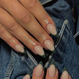 Dark Green French Tip Press on Nails Short Almond Nails Press ons, Glue on Nails for Women Acrylic french nails Short Gel Nails Natural Thick Extra Short French Fake Nails 30Pcs 15 Sizes