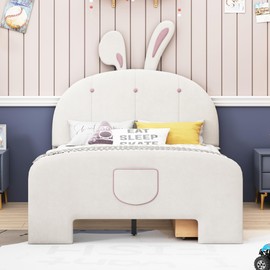 Rabbit Shaped Platform Bed with 3 Drawers and Storage Pocket for Boys Girls Teens, Full-Size Velvet Bed Frame with Padded Headboard for Bedroom Guest Room, No Box Spring Needed & Easy Assemble