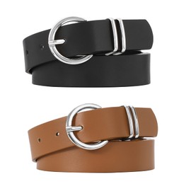 VONMELLI 2 Pack Women's Leather Belts for Jeans Pants Fashion Silver Buckle Ladies Belt Black Brown M