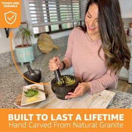 Heavy Duty Large Mortar and Pestle Set, 4 Cups, 100% Natural Granite Mortar and Pestle Stone Grinder Bowl, Molcajete Bowl, Avocado Masher Guacamole Bowls, Black